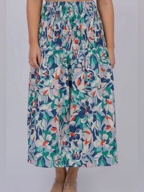 Smocked Floral Midi Skirt - Green Multi